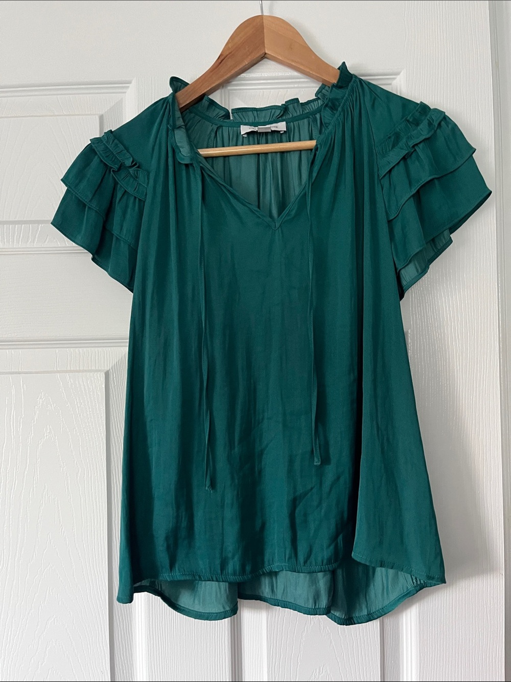 Teal Ruffle Sleeve V-Neck Blouse with Tie